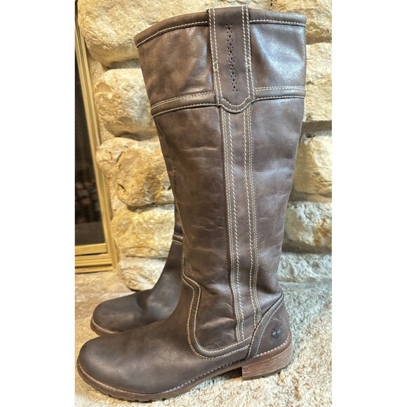 TIMBERLAND Brown Leather Tall Riding Pull-On Lug Sole Wood Grain Heel Boots W9 - Picture 3 of 8